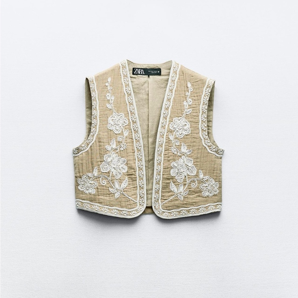 Zara Beige Floral Embroidered Vest